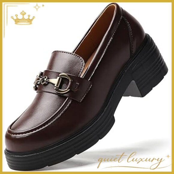 Shoes - Leather Platform Loafers with Gold Buckle, Chunky Heel Slip-Ons